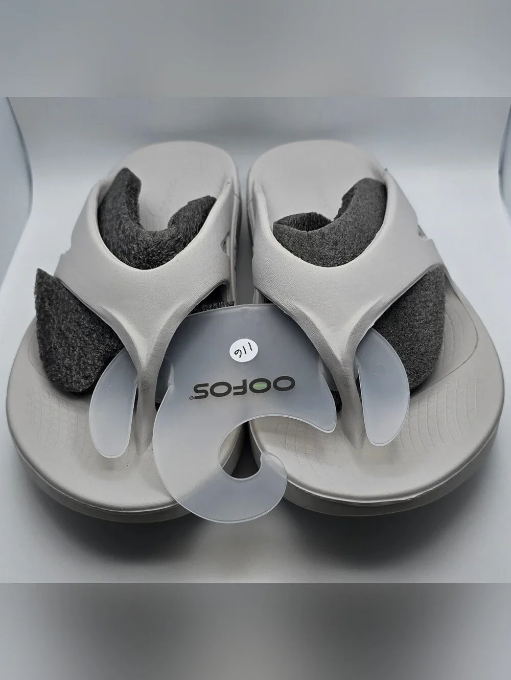Oofos OOahh Slide Sandals in Light Gray with Dark Gray Footbed